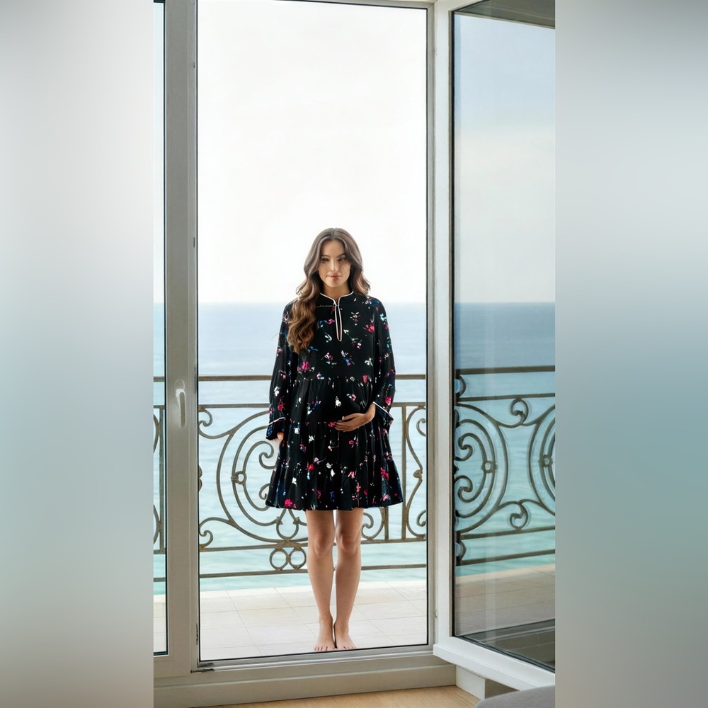 Maje Paris Floral Tiered Long Sleeve Dress — Size 1 (S)